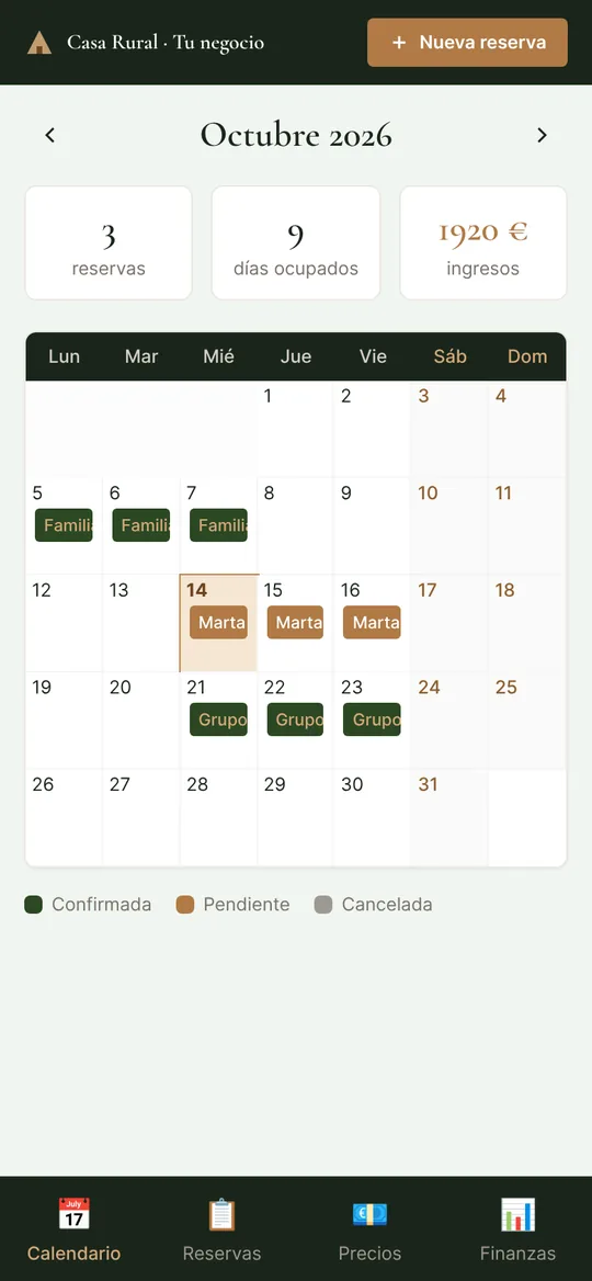 Panel de gestión en el móvil: calendario de reservas de un alojamiento