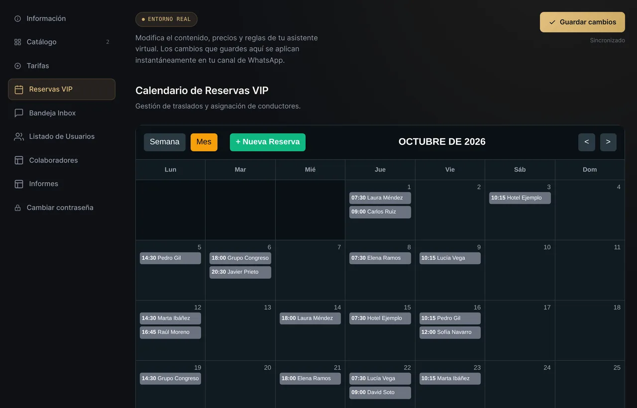 Panel de operaciones: calendario mensual de traslados con reservas asignadas
